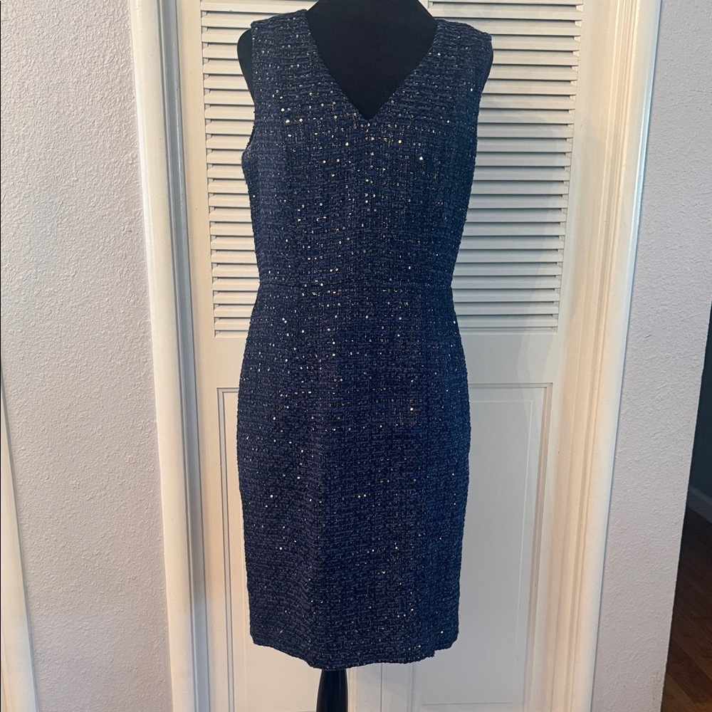 White House Black Market Navy Tweed Sheath Dress with Metallic Accent